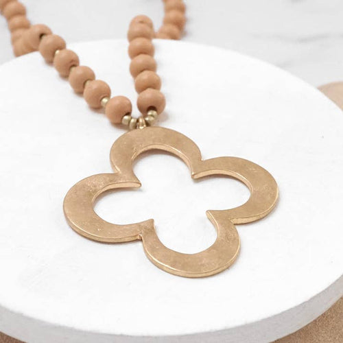 Clover Long Wooden Necklace -Brown