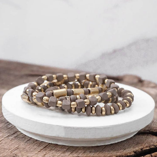 Brown Taupe Gold Tone Stack Wood Bracelet