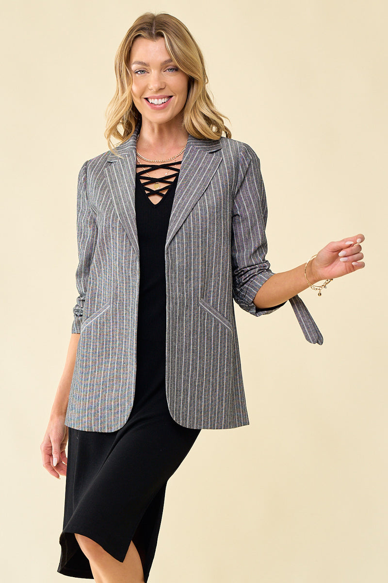 Ruched Sleeve Striped Blazer