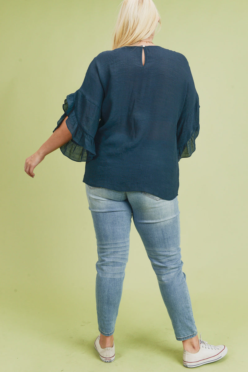 Curvy Ruffle Sleeve Navy Blouse