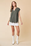 Cupro Slit Blouse w/ Pleat Detail - Olive