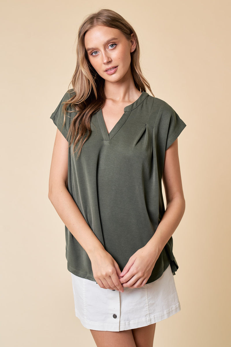 Cupro Slit Blouse w/ Pleat Detail - Olive