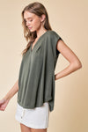 Cupro Slit Blouse w/ Pleat Detail - Olive