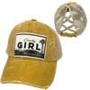 COUNTRY GIRL CRISS-CROSS PONYTAIL HAT: Mustard with coffee colored mesh