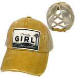 COUNTRY GIRL CRISS-CROSS PONYTAIL HAT: Mustard with coffee colored mesh