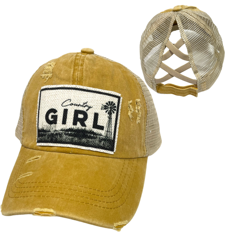 COUNTRY GIRL CRISS-CROSS PONYTAIL HAT: Mustard with coffee colored mesh