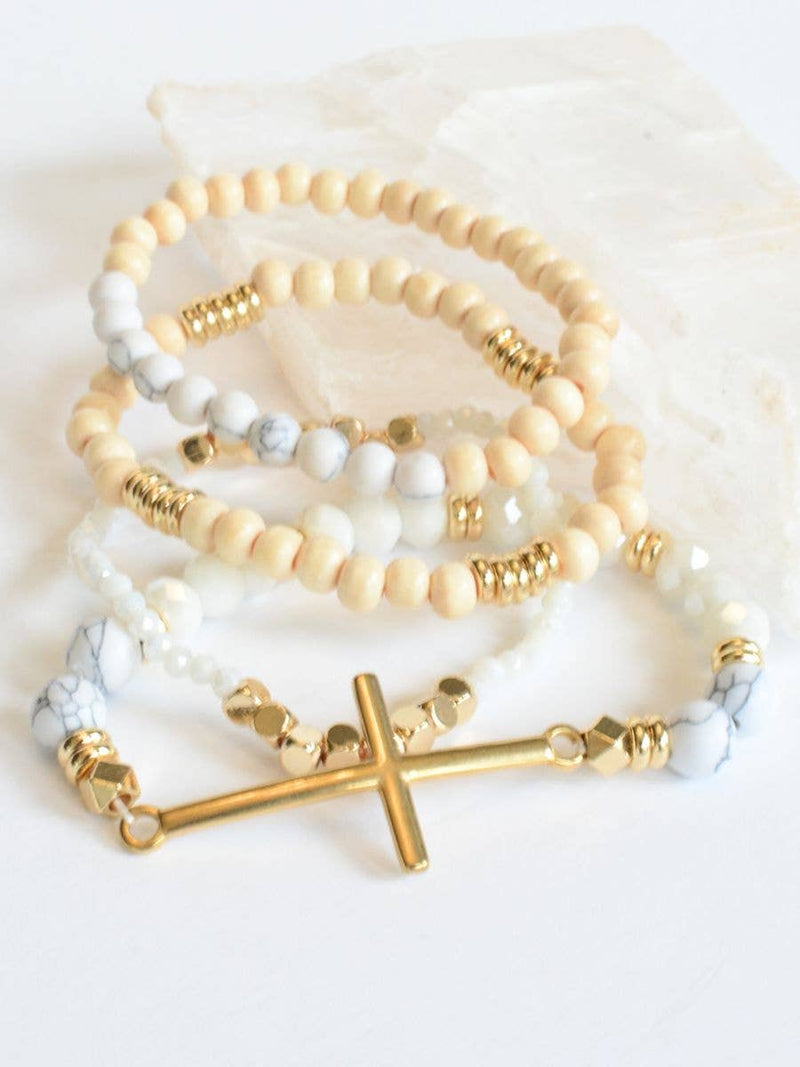 Gold Cross Natural Beaded Bracelet Set