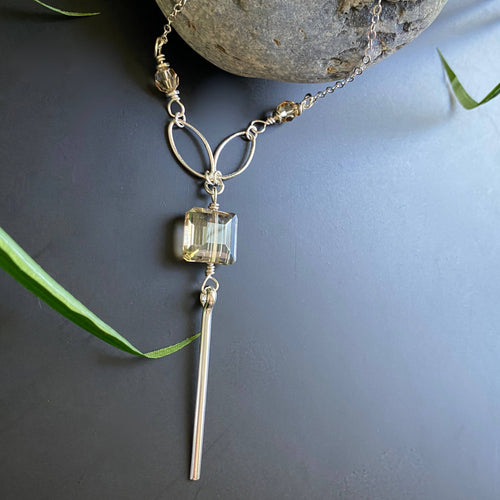 Crystal Drop Bar Necklace Silver Chain Layer Boho