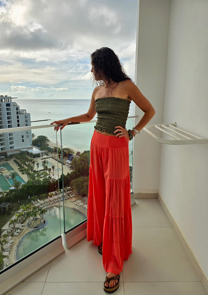 Coral Flowy Wide-Leg Pant