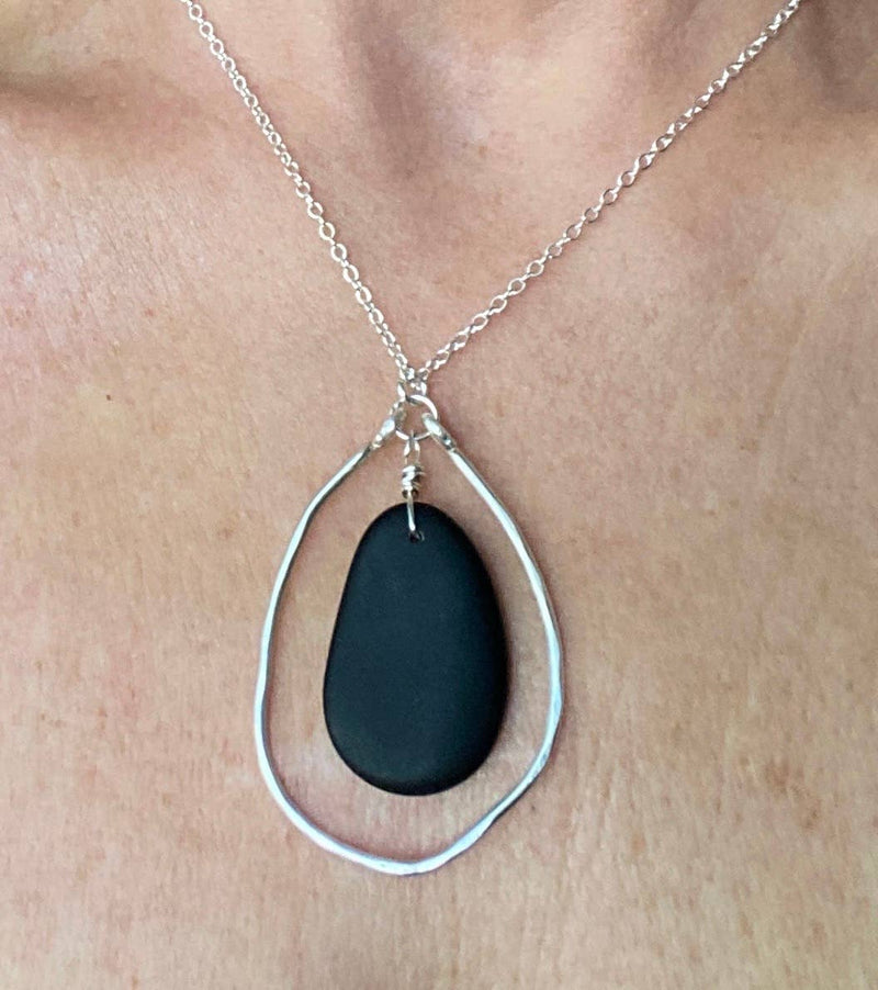 Silver Organic Hammered Hoop and Black Drop Necklace