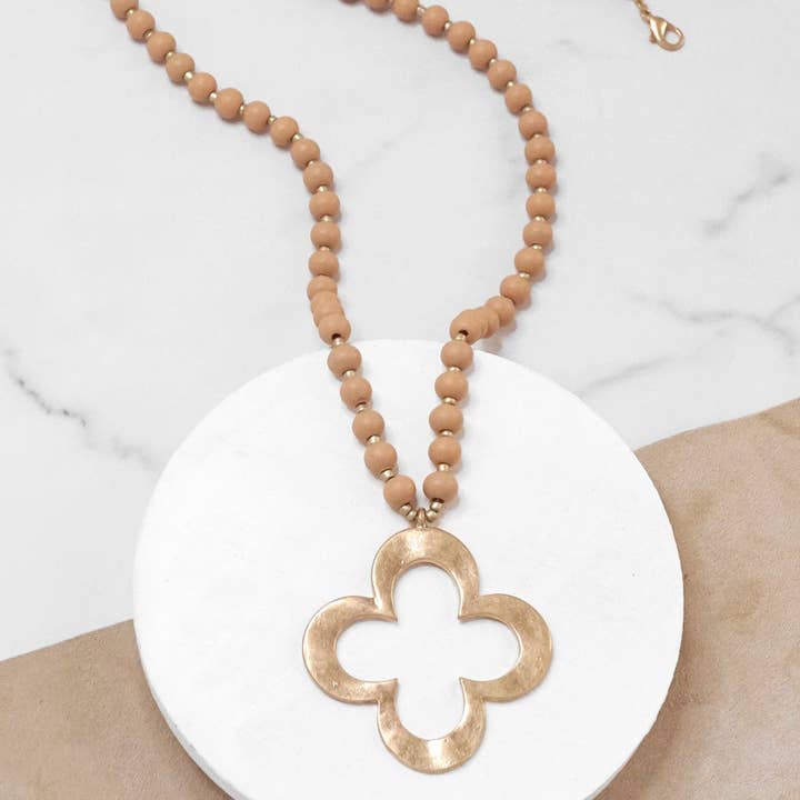 Clover Long Wooden Necklace -Brown