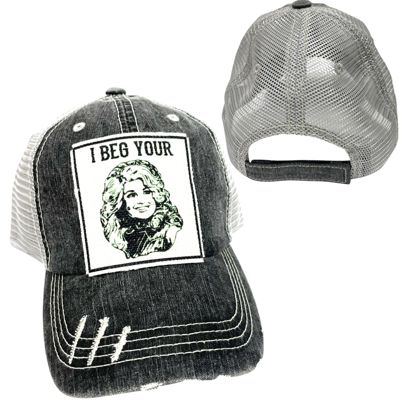 I BEG YOUR PARTON BALL CAP: Charcoal with brown stitching