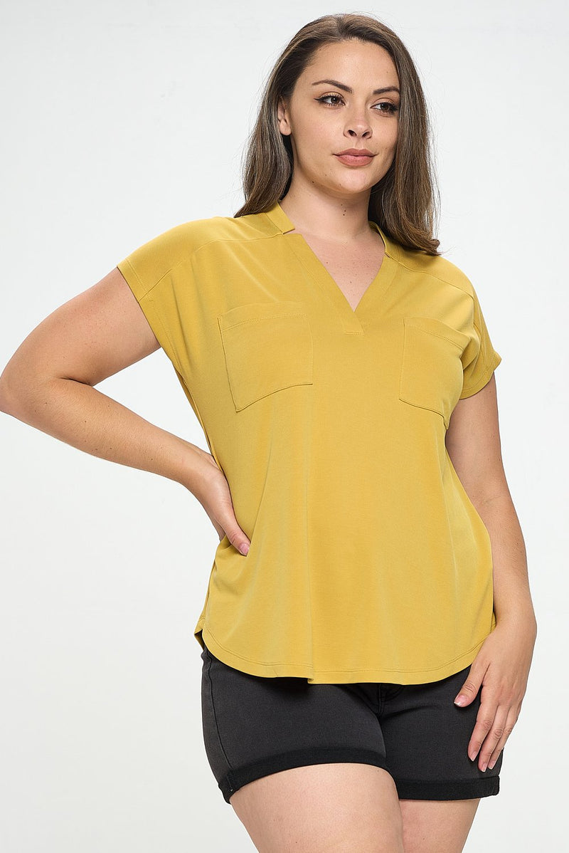 Curvy Cupro Slit V Top - Mustard