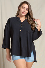 Curvy Split V-Neck 3/4 Sleeve Flowy Top