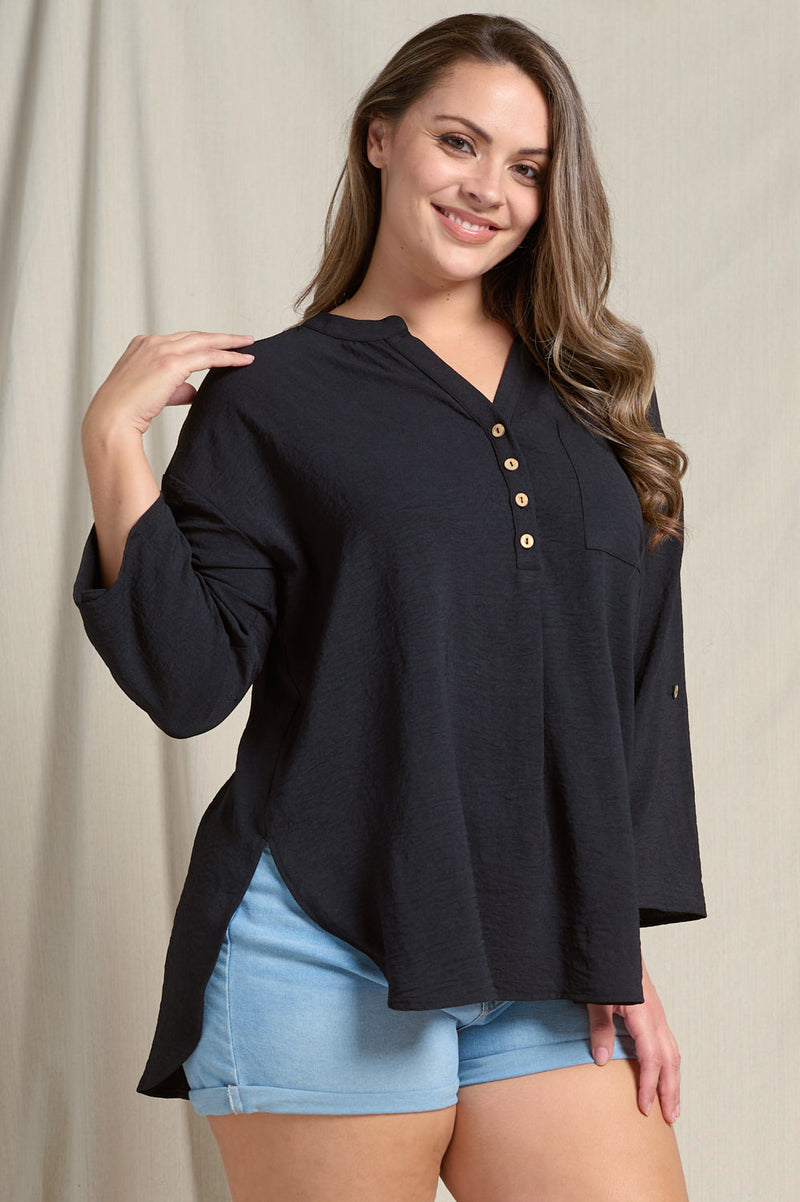 Curvy Split V-Neck 3/4 Sleeve Flowy Top