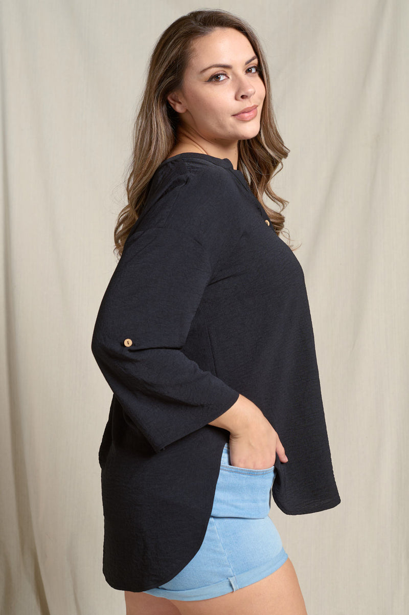 Curvy Split V-Neck 3/4 Sleeve Flowy Top