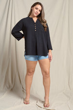 Curvy Split V-Neck 3/4 Sleeve Flowy Top