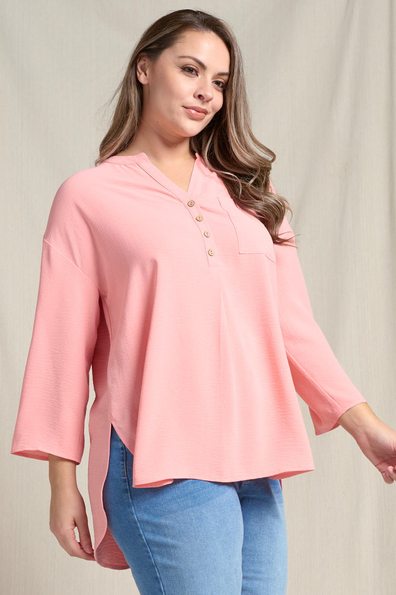 Curvy Split V-Neck 3/4 Sleeve Flowy Top