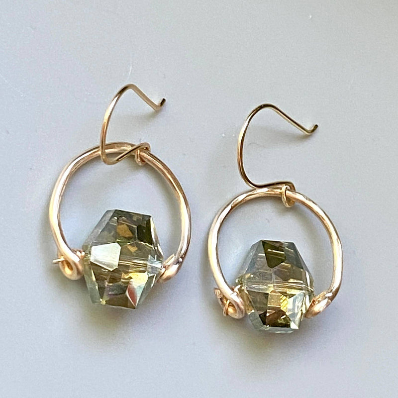 Hammered Gold Hoop Hexagon Crystal Drop Earrings