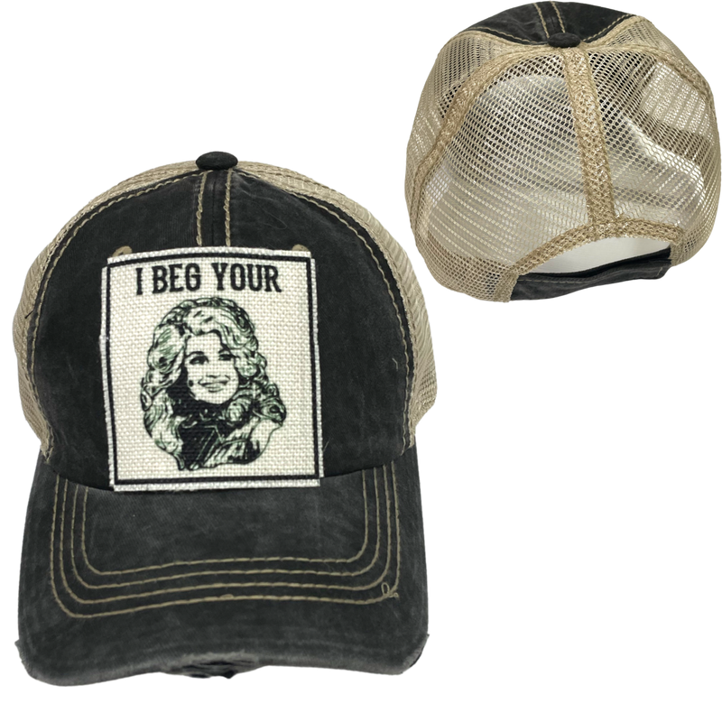 I BEG YOUR PARTON BALL CAP: Charcoal with brown stitching