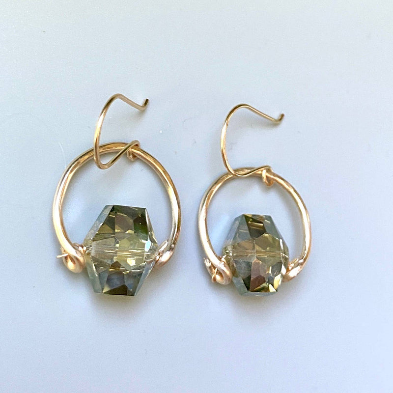 Hammered Gold Hoop Hexagon Crystal Drop Earrings