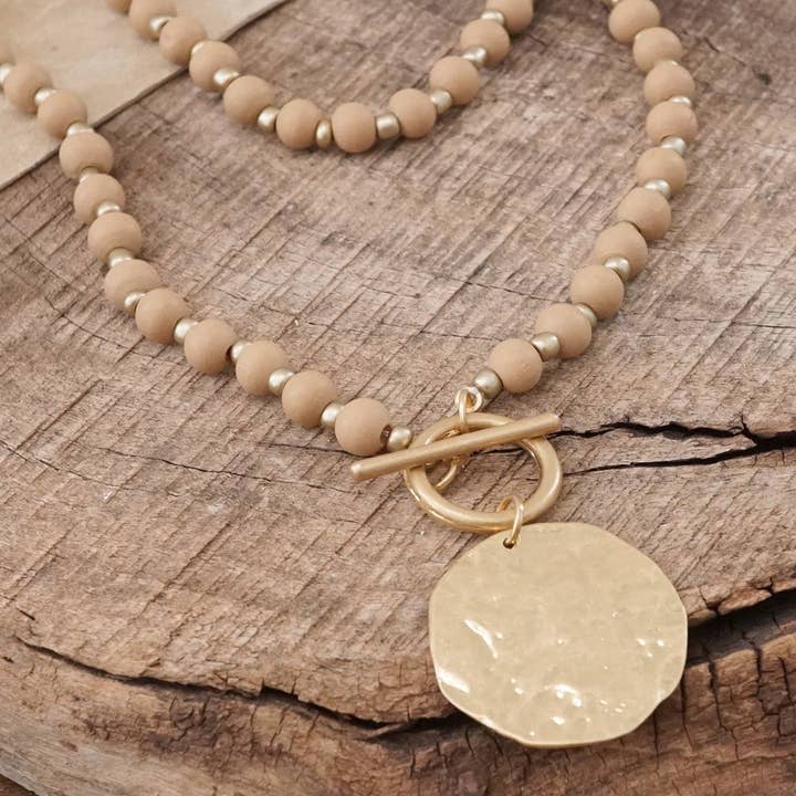 Multi Strand Wood Coin Necklace