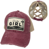 COUNTRY GIRL CRISS-CROSS PONYTAIL HAT: Mustard with coffee colored mesh