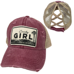 COUNTRY GIRL CRISS-CROSS PONYTAIL HAT: Mustard with coffee colored mesh