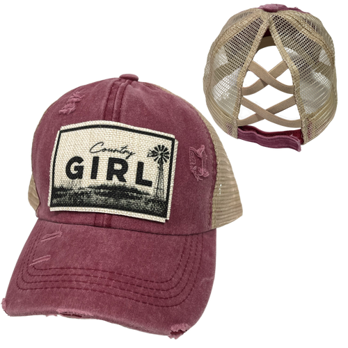 COUNTRY GIRL CRISS-CROSS PONYTAIL HAT: Mustard with coffee colored mesh