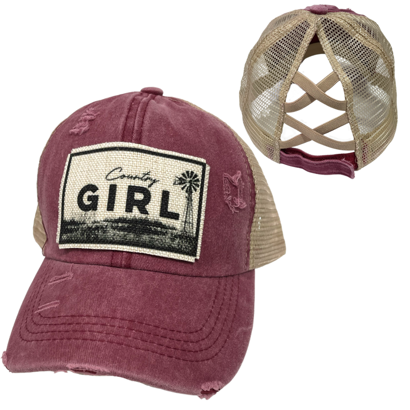 COUNTRY GIRL CRISS-CROSS PONYTAIL HAT: Mustard with coffee colored mesh