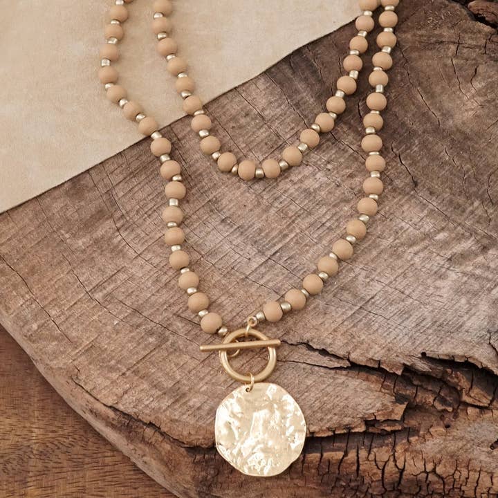 Multi Strand Wood Coin Necklace