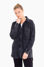 Waffle Knit Mineral-Washed Long Button Down Jacket