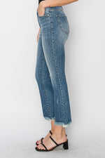 Mid-Rise Raw Hem Straight Leg Jean