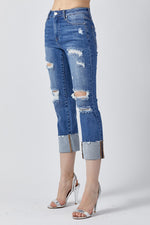 Distressed Capri Cuff Denim