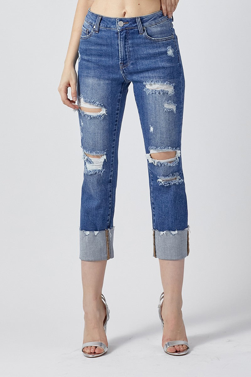 Distressed Capri Cuff Denim