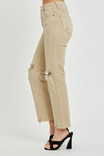 High Rise Button Down Ankle Straight Khaki