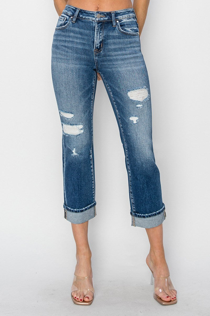 Mid-Rise Ankle Straight Cuffed Jeans