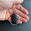 Silver Organic Hammered Hoop and Black Drop Necklace