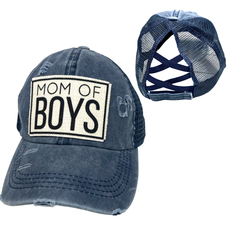 MOM OF BOYS CRISS-CROSS PONYTAIL HAT: Navy with navy mesh