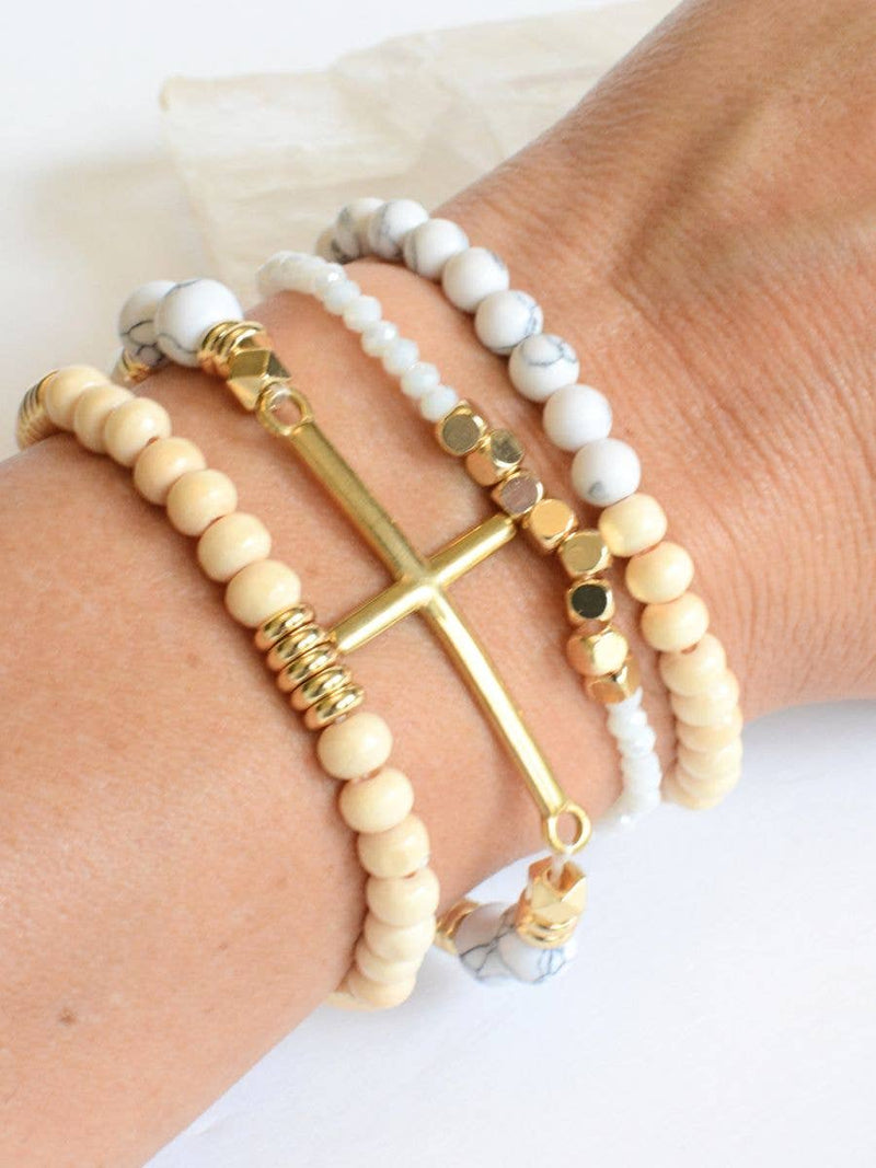 Gold Cross Natural Beaded Bracelet Set