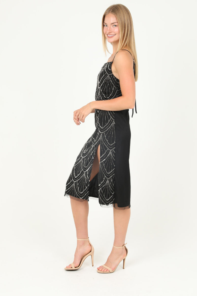 Black Tie Back Midi Sequin Dress