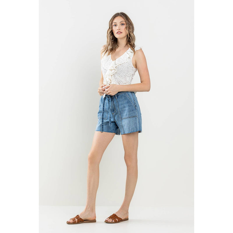 High Rise Tie Waist Shorts Raw Hem