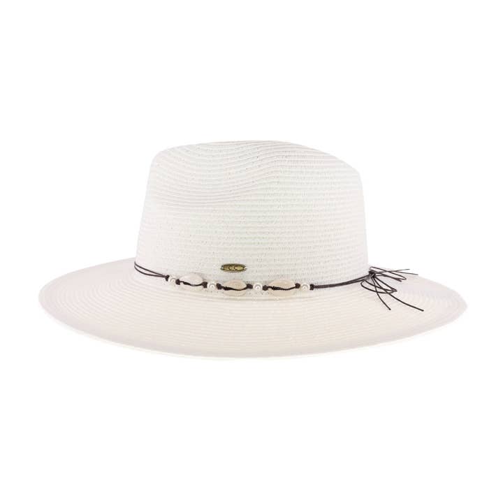 Shell & Pearl Trim Panama Hat - White