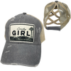 COUNTRY GIRL CRISS-CROSS PONYTAIL HAT: Mustard with coffee colored mesh