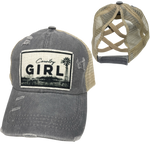 COUNTRY GIRL CRISS-CROSS PONYTAIL HAT: Mustard with coffee colored mesh