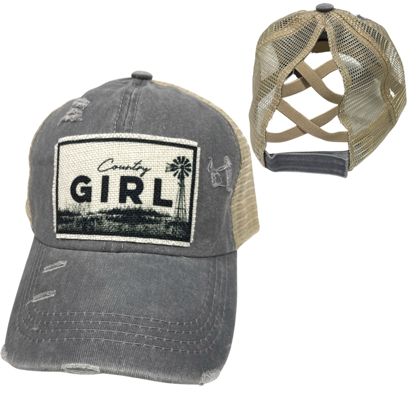 COUNTRY GIRL CRISS-CROSS PONYTAIL HAT: Mustard with coffee colored mesh