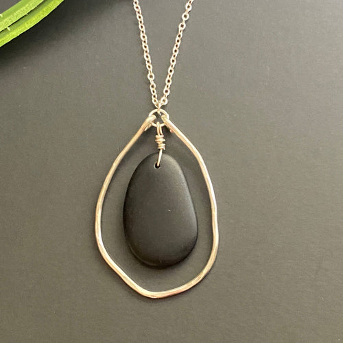 Silver Organic Hammered Hoop and Black Drop Necklace