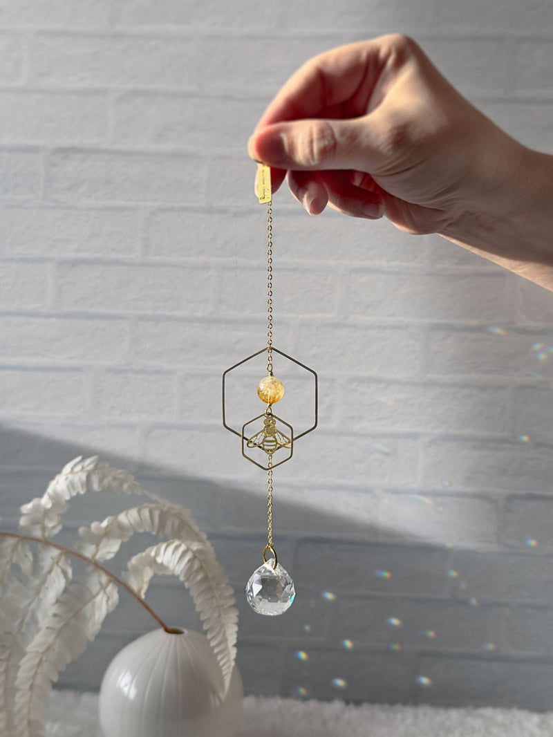 Honeybee Suncatcher with Citrine Crystal Gemstone and Prism