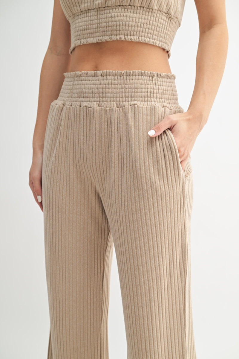 Smocked Waist Ribbed Wide Leg Pant