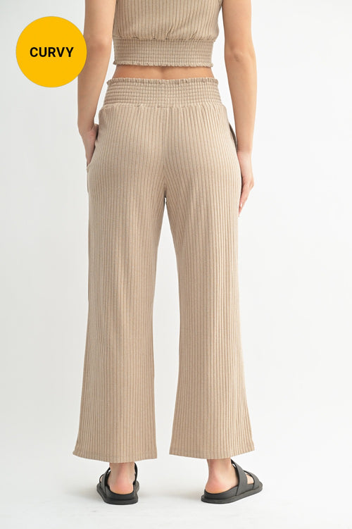 Curvy Smocked Waist Ribbed Wide Leg Pant